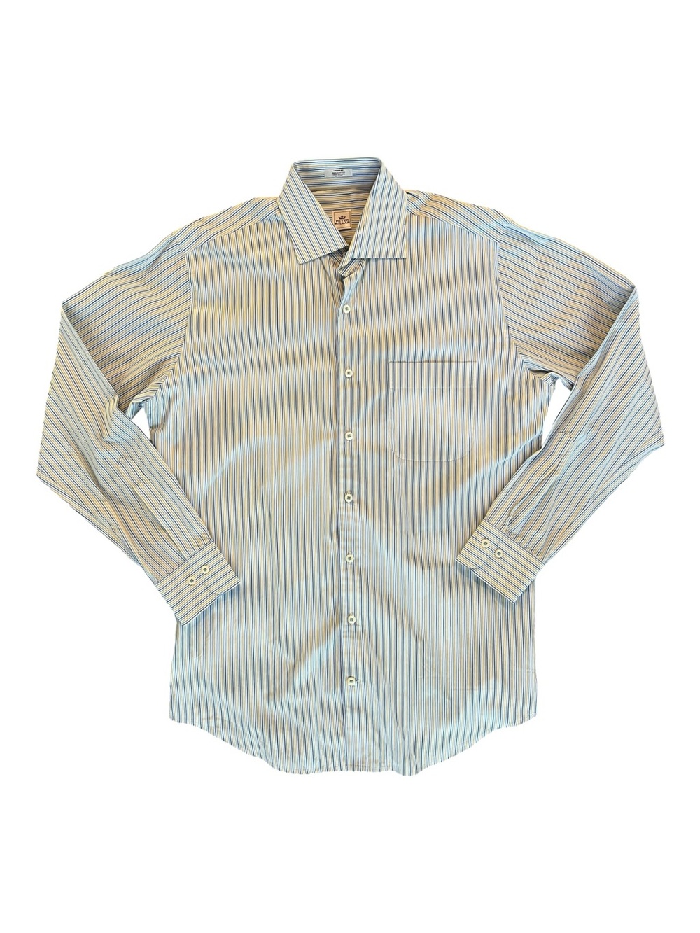 Peter Millar Blue, Yellow & White Striped Button-Up Shirt 100% Cotton MensMedium